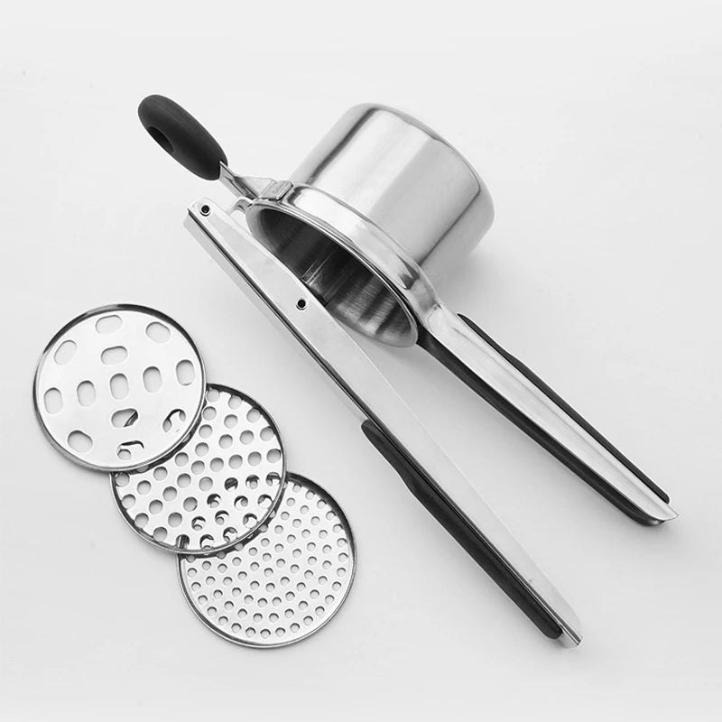 Potato masher and crusher.3 InterchangeableDiscsStainless Steel, for Fluffy Mashed Potatoes Potato Press, and Kitchen Tool for