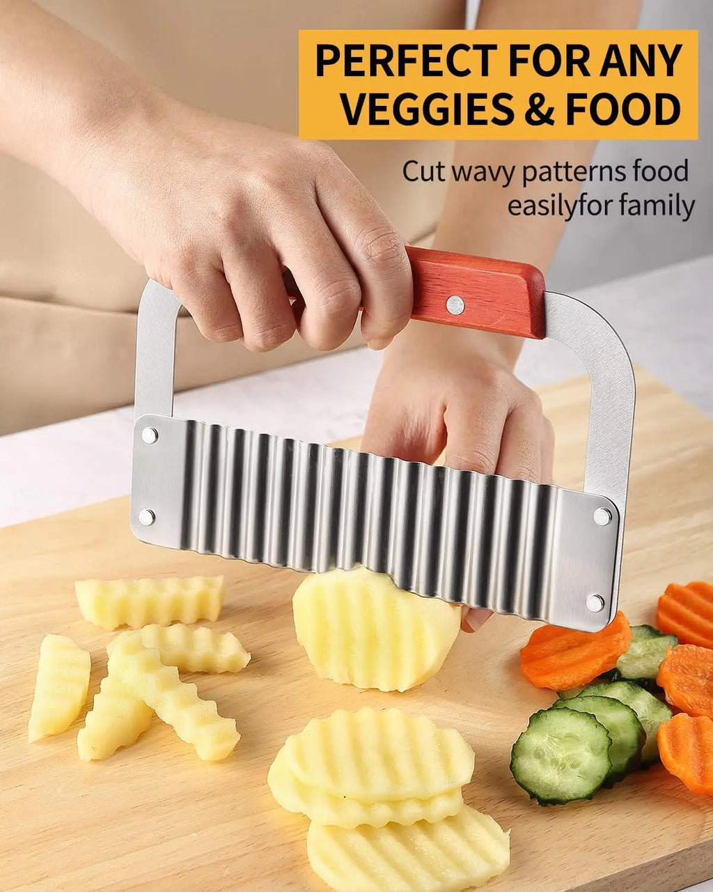 Stainless Steel Crinkle Cutter with Wooden Handle – Heavy-Duty Wavy Slicer for Potatoes, Carrots & Vegetables